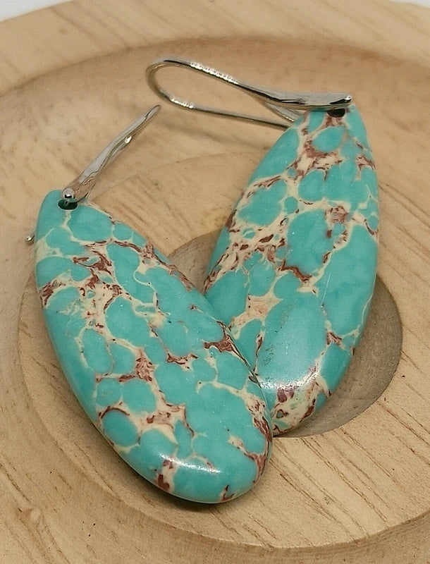 Boucles D'oreilles Créoles En Jaspe Sédimentaire – Cuivre Argenté, Bleu, Neuves Avec étiquettes