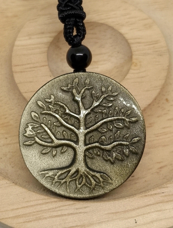 Collier arbre de vie en obsidienne dorée