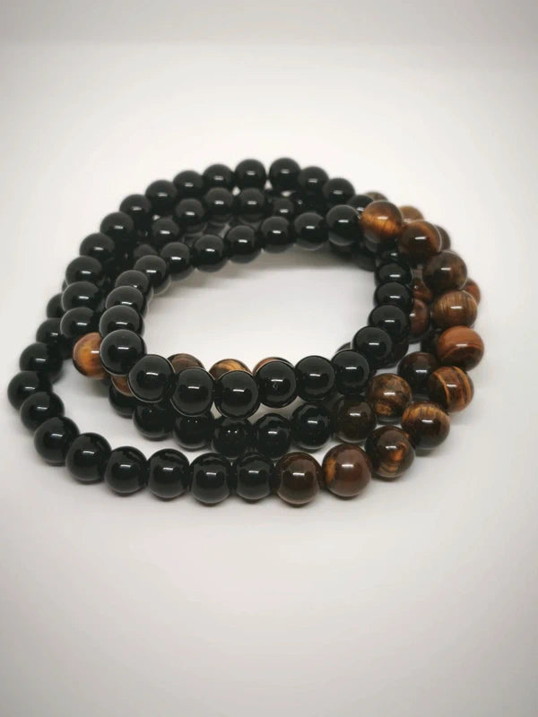 Collier élastique en oeil de tigre et d'onyx noire 8mm