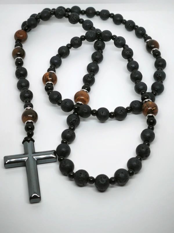 Chapelet en pierre volcanique et oeil de tigre 8mm