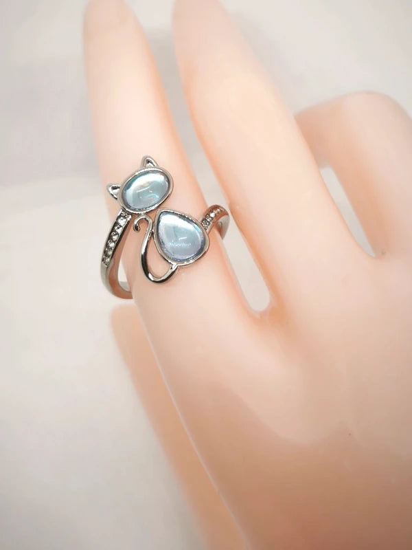 Bague chat en acier inoxydable et cristal de roche