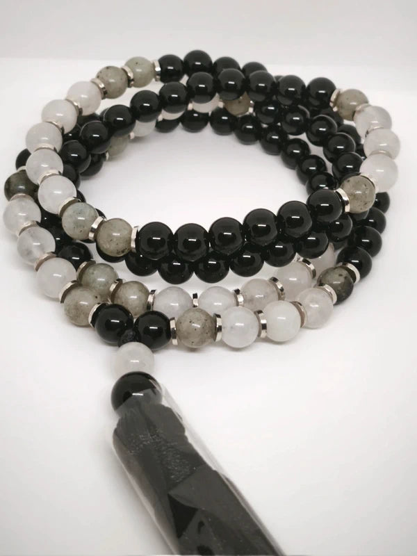 Collier Mala onyx noire, quartz laiteux, labradorite 8mm