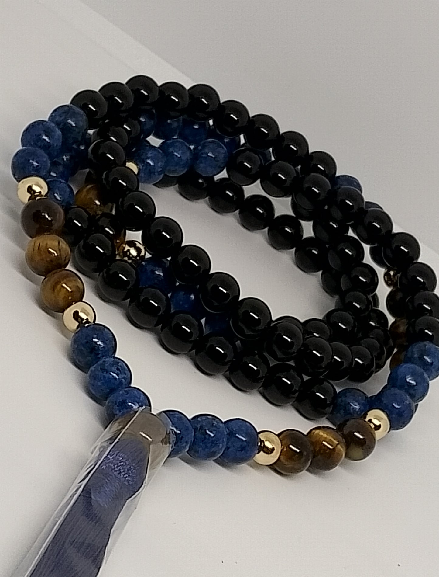Collier Mala en lapis lazuli, onyx noire et oeil de tigre 8mm