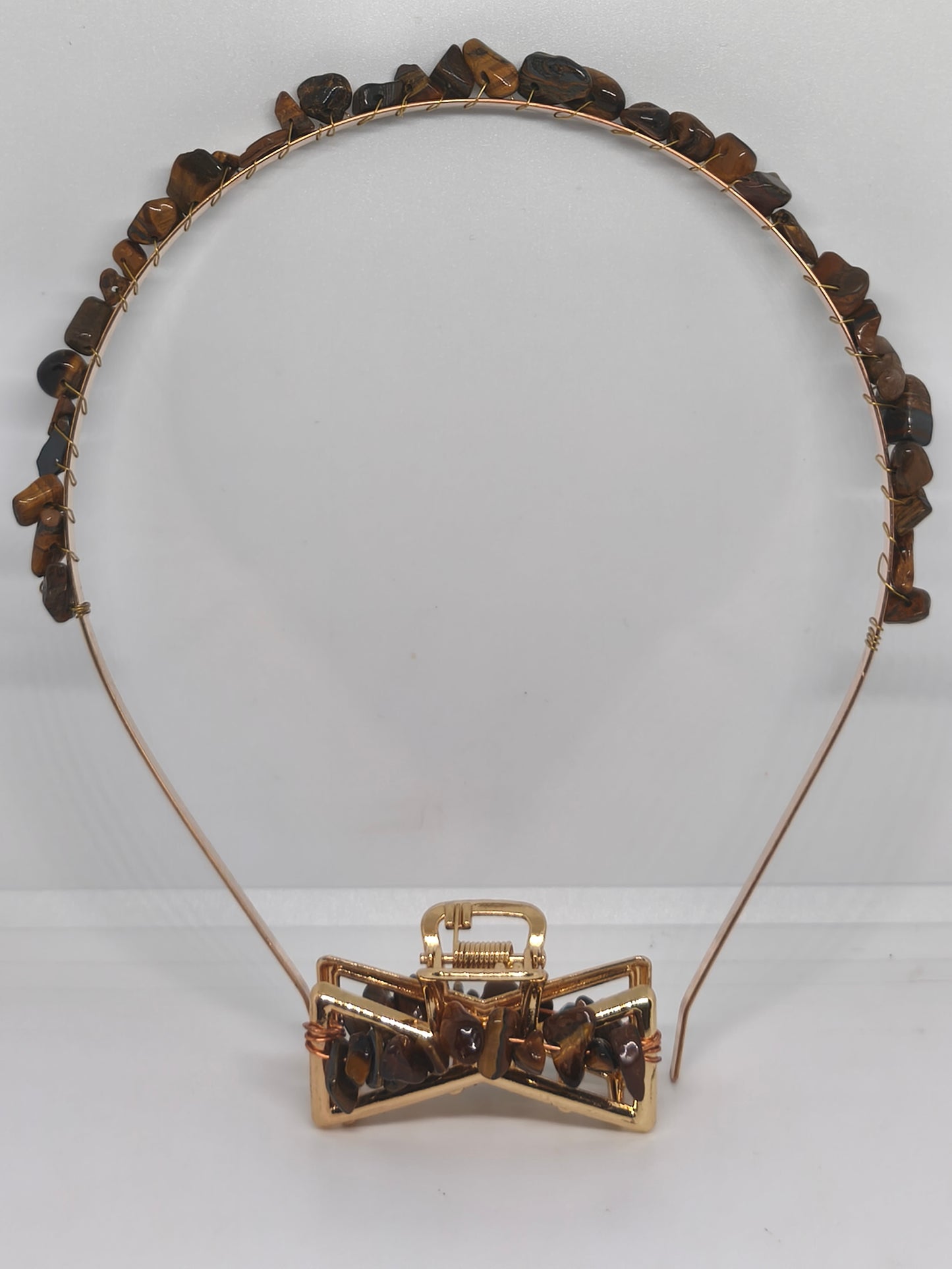 Diadème et pince en acier et chips de pierre d'oeil de tigre