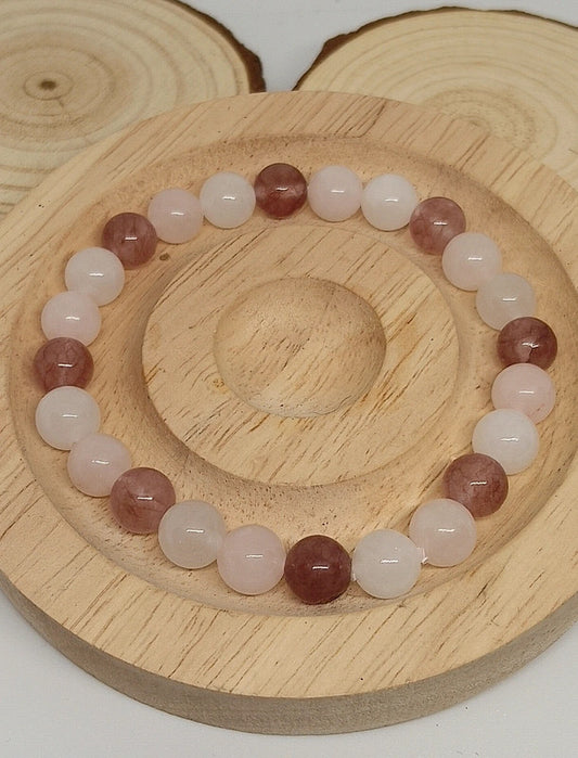 Bracelet en quartz rose , blanc et fraise