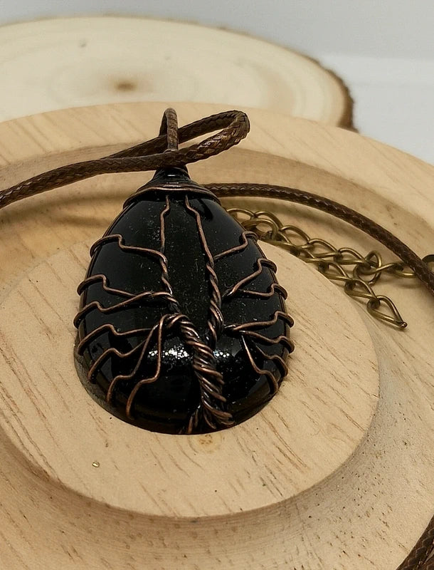 Collier arbre de vie en pierre d'obsidienne