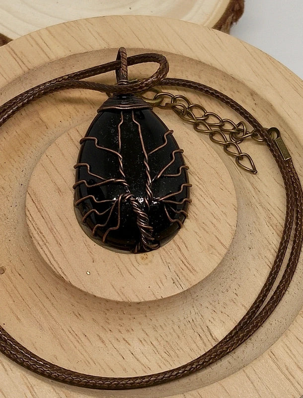 Collier arbre de vie en pierre d'obsidienne