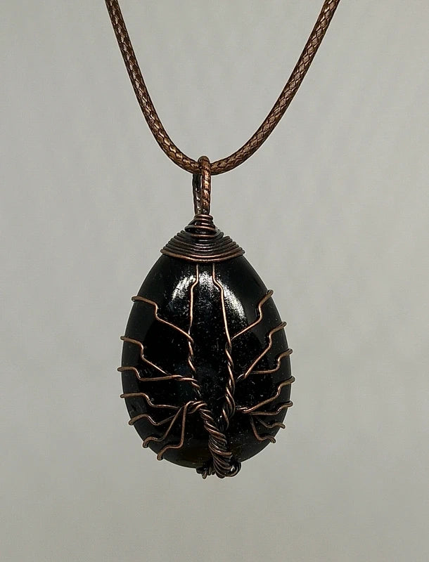 Collier arbre de vie en pierre d'obsidienne
