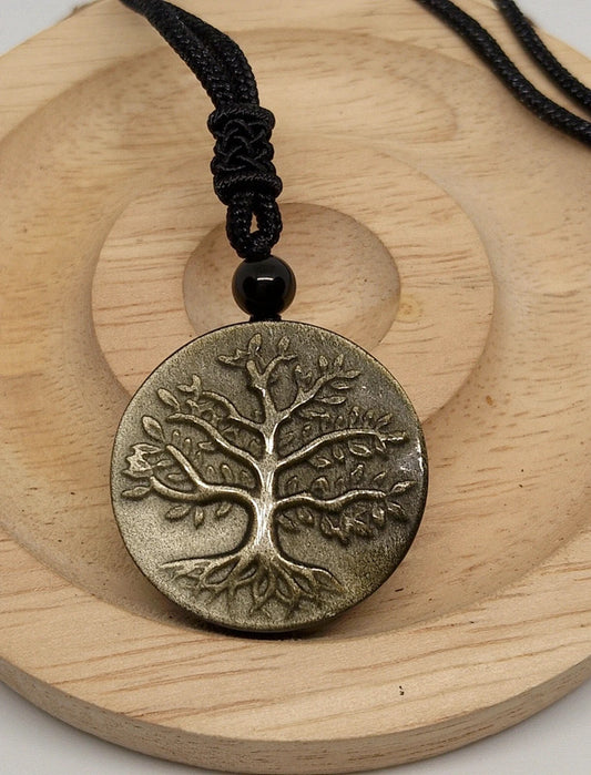 Collier arbre de vie en obsidienne dorée