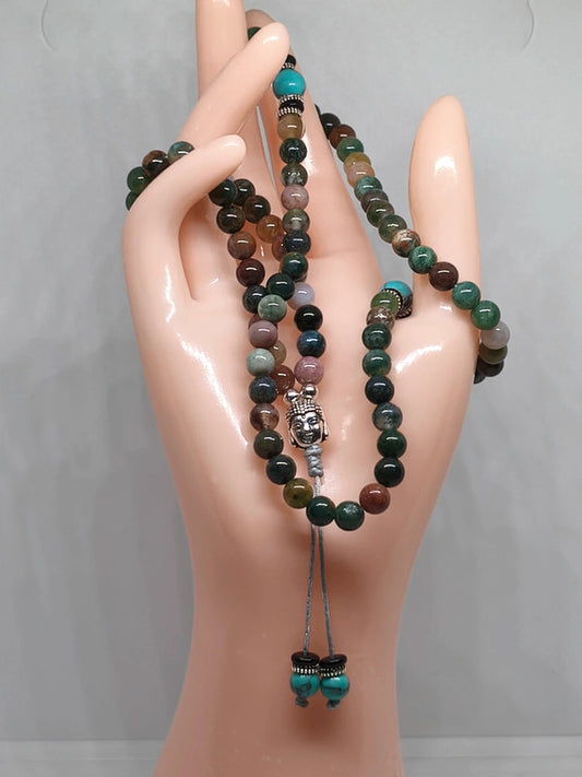 Collier Mala bouddha en agate indienne 6mm