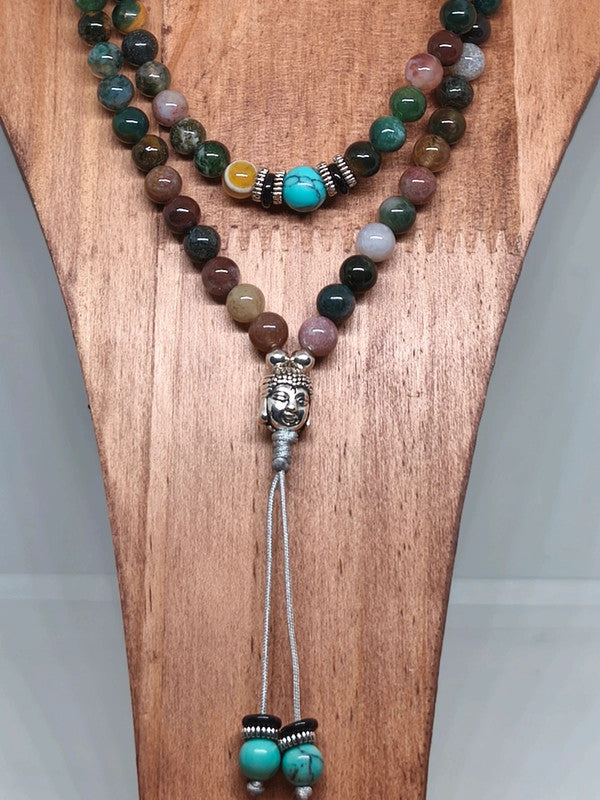 Collier Mala bouddha en agate indienne 6mm