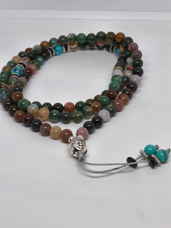 Collier Mala bouddha en agate indienne 6mm