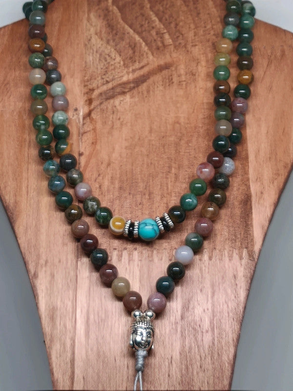 Collier Mala bouddha en agate indienne 6mm