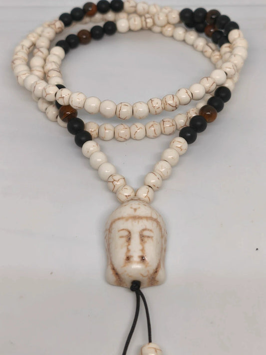 Collier Mala bouddha en magnésite, œil de tigre et tourmaline. 6mm
