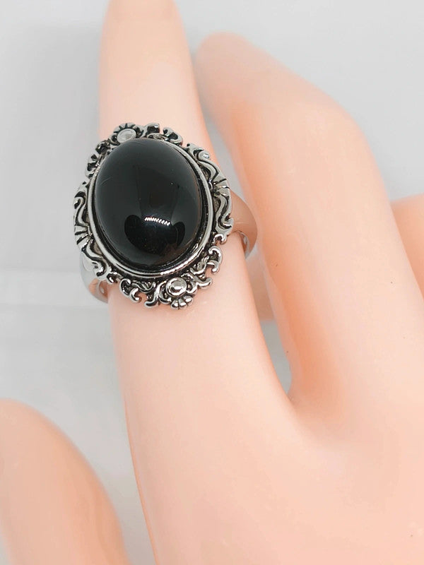 Bague en argent sterling et pierre d'agate noire 17mm