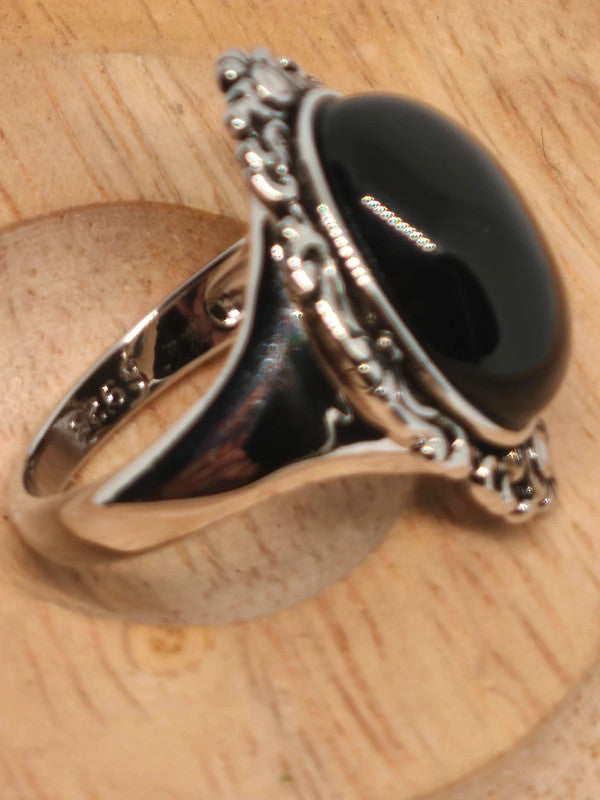 Bague en argent sterling et pierre d'agate noire 17mm