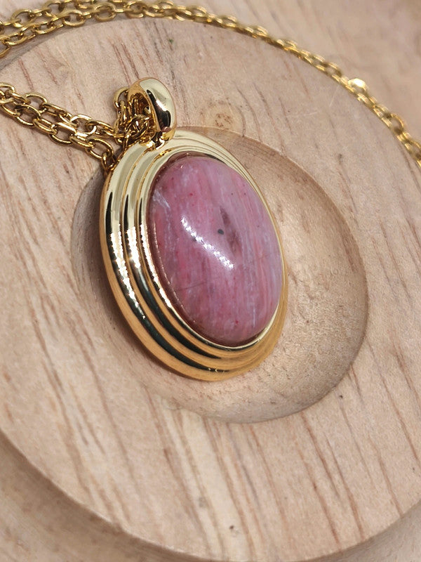 Collier en pierre de rhodonite et acier inoxydable