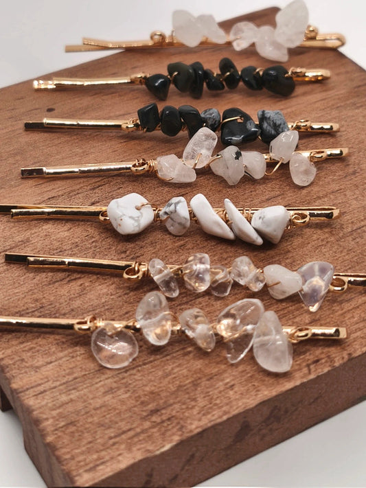 7 barrettes en acier inoxydable et chips de pierres naturelles