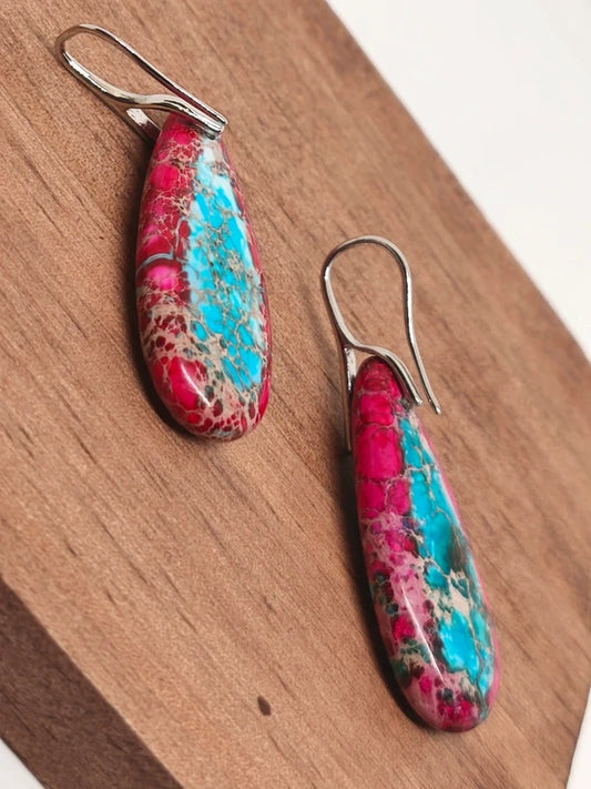 Boucles d'oreilles en jaspe sédimentaire rouge turquoise