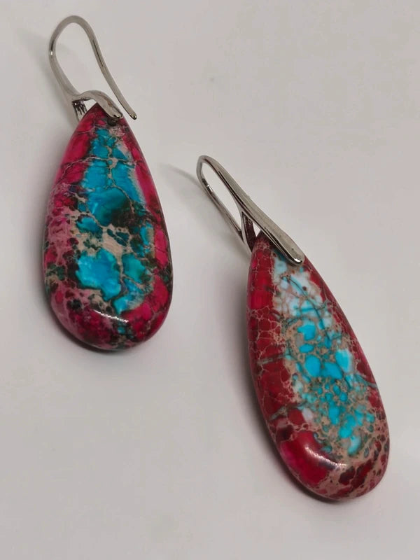 Boucles d'oreilles en jaspe sédimentaire rouge turquoise