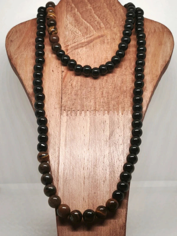 Collier élastique en oeil de tigre et d'onyx noire 8mm