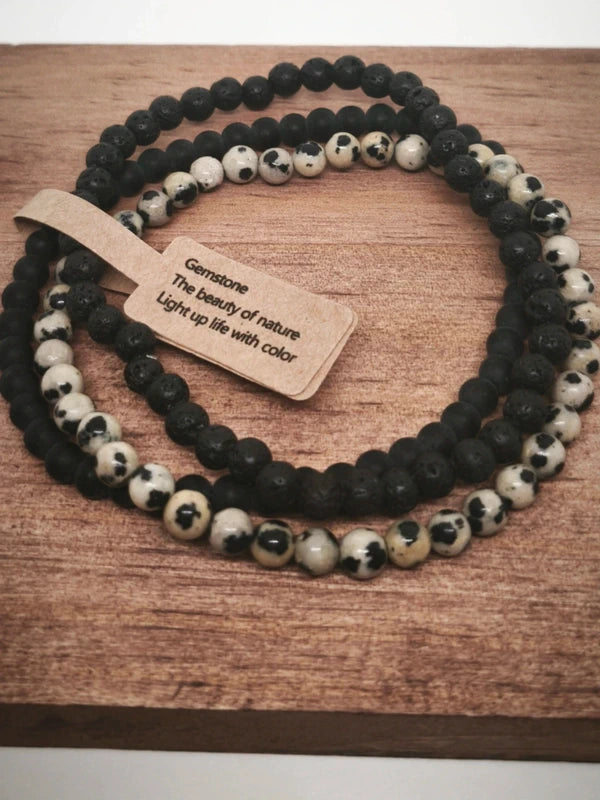 Bracelets jaspe dalmatien, pierre volcanique et tourmaline 4mm