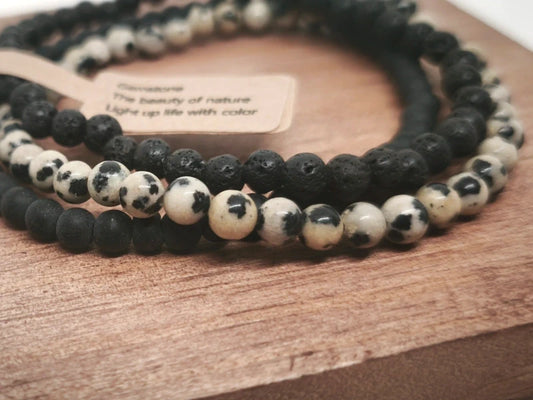Bracelets jaspe dalmatien, pierre volcanique et tourmaline 4mm