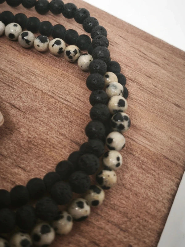 Bracelets jaspe dalmatien, pierre volcanique et tourmaline 4mm