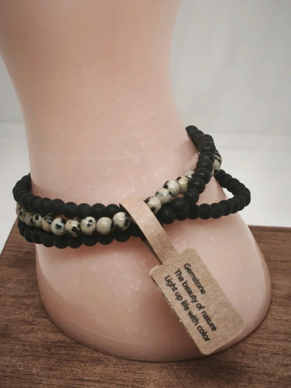 Bracelets jaspe dalmatien, pierre volcanique et tourmaline 4mm