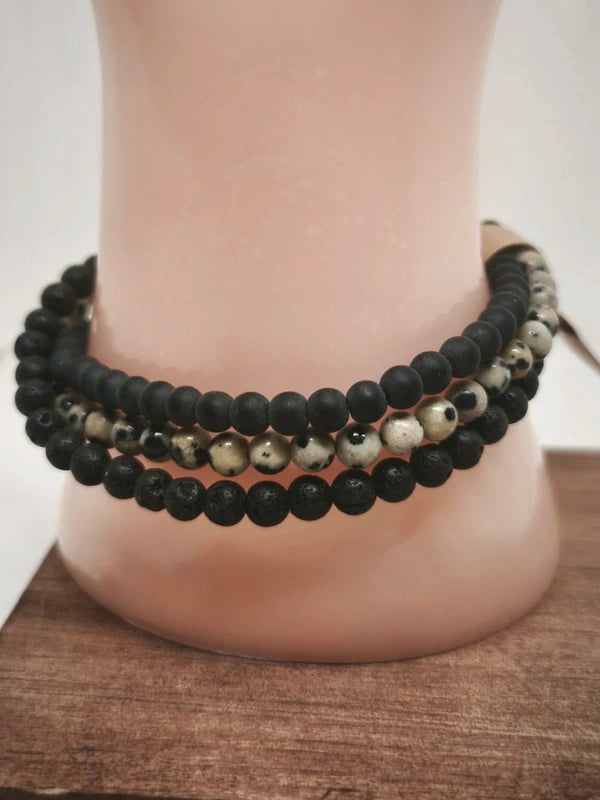 Bracelets jaspe dalmatien, pierre volcanique et tourmaline 4mm
