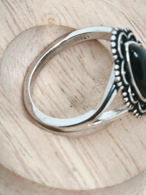 Bague en argent sterling et agate noire 21mm