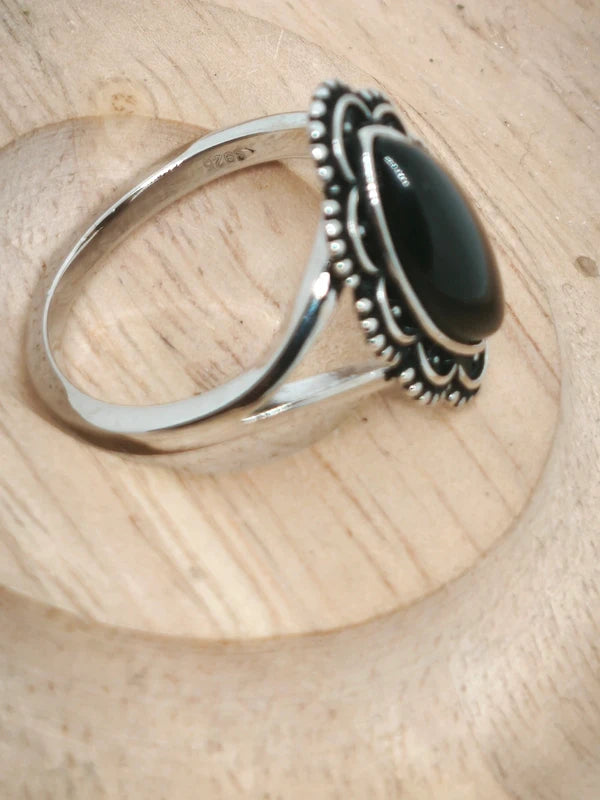Bague en argent sterling et agate noire 21mm