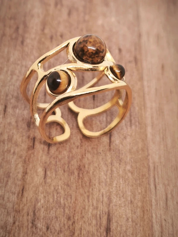 Bague en oeil de tigre et acier inoxydable 17mm