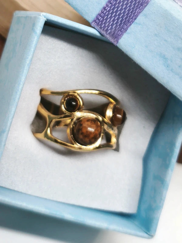 Bague en oeil de tigre et acier inoxydable 17mm