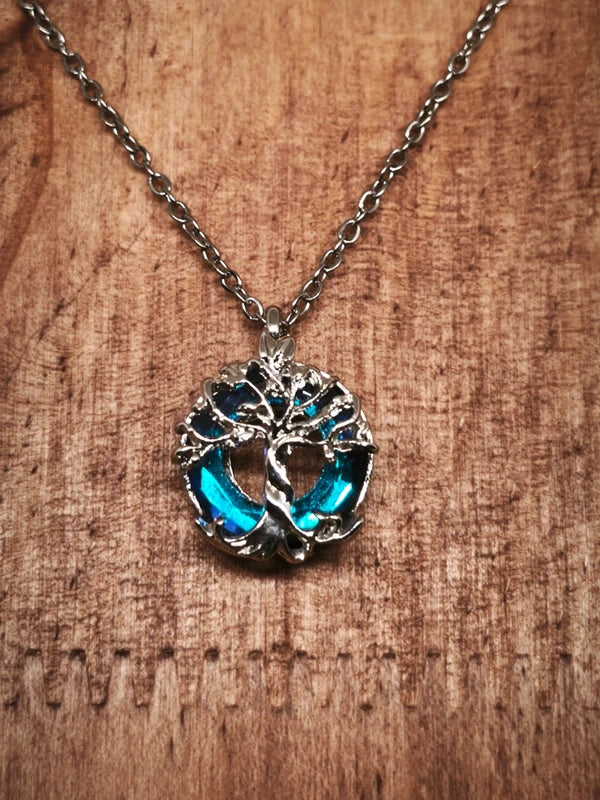 Collier arbre de vie en acier inoxydable et verre coloré