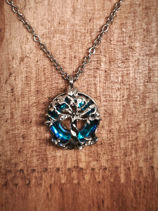 Collier arbre de vie en acier inoxydable et verre coloré