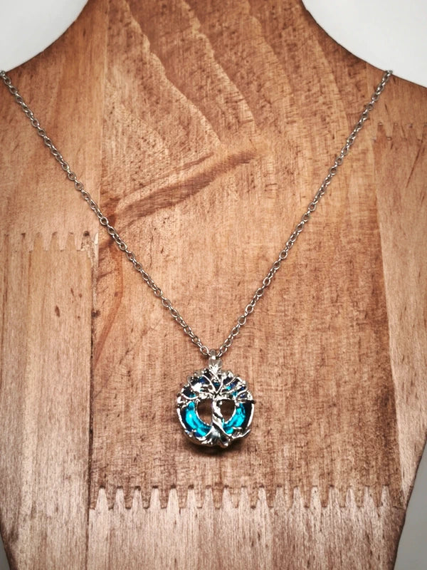 Collier arbre de vie en acier inoxydable et verre coloré