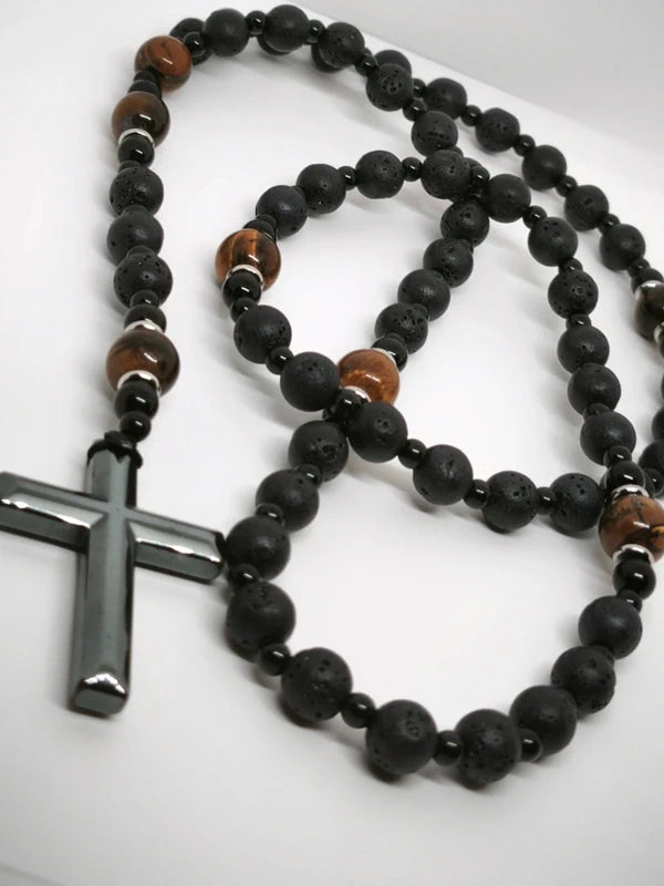 Chapelet en  pierre volcanique et oeil de tigre 8mm