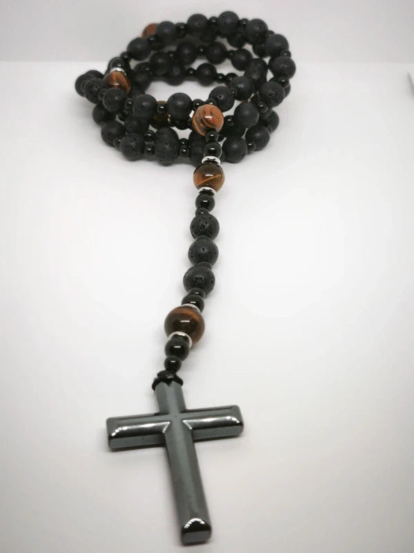 Chapelet en  pierre volcanique et oeil de tigre 8mm