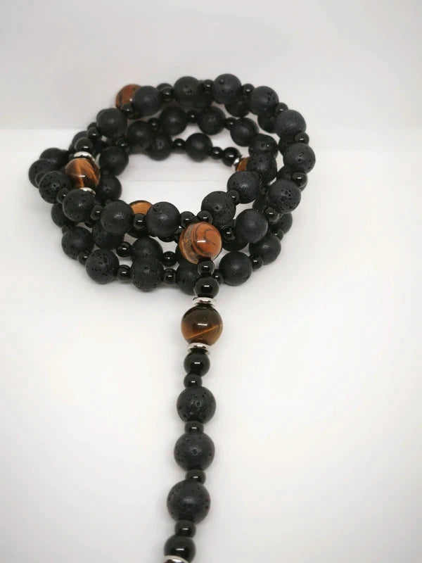 Chapelet en  pierre volcanique et oeil de tigre 8mm