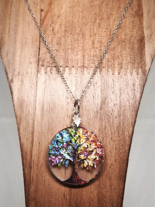 Collier arbre de vie en acier inoxydable et acrylique.