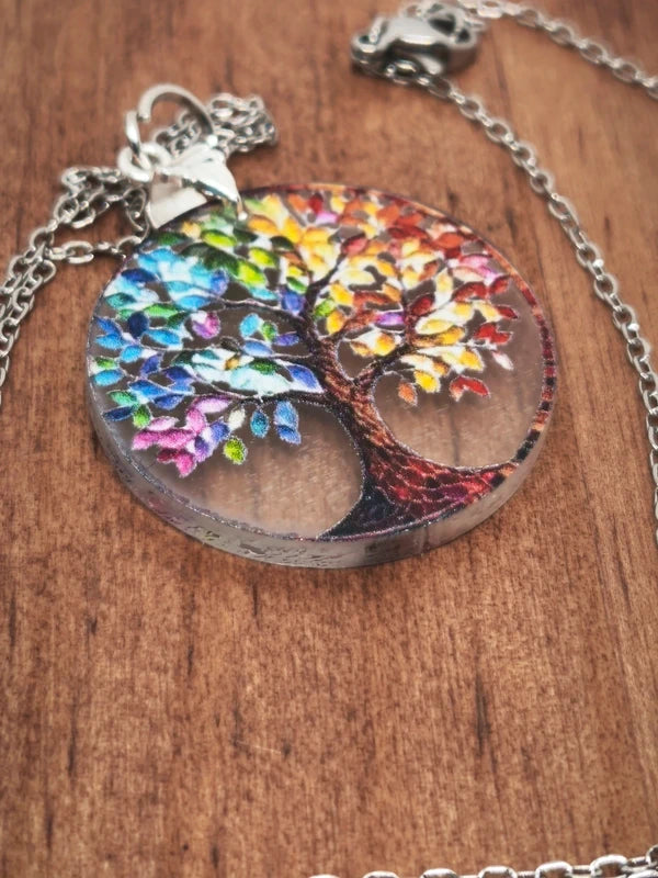 Collier arbre de vie en acier inoxydable et acrylique.