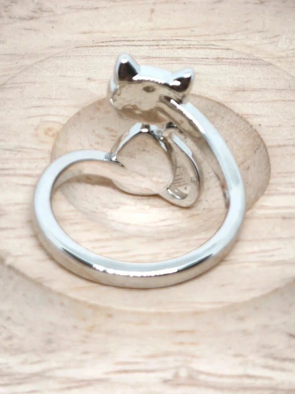 Bague chat en acier inoxydable et cristal de roche