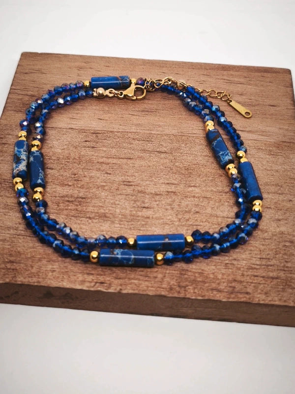 collier jaspe bleu et perles facettes verre coloré