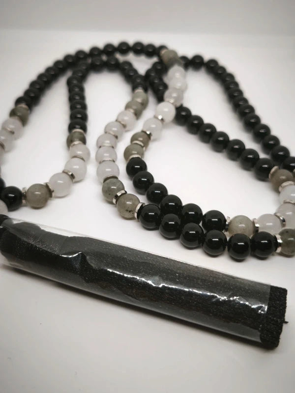 Collier Mala onyx noire, quartz laiteux, labradorite 8mm