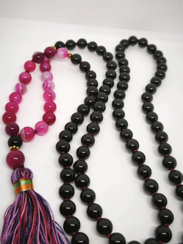 Collier Mala agate rose et noire 8mm