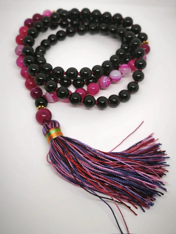 Collier Mala agate rose et noire 8mm