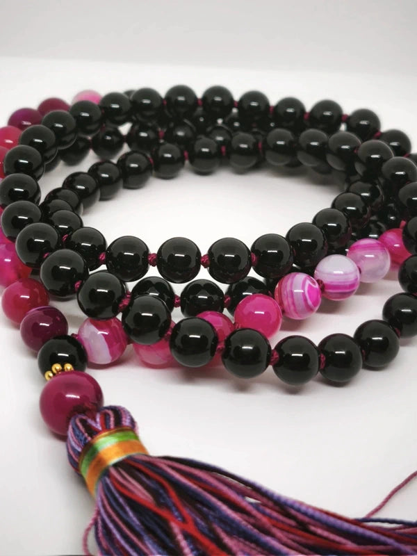 Collier Mala agate rose et noire 8mm