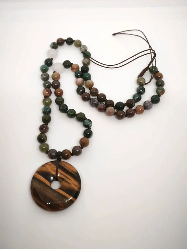 Collier agate indienne et pendentif œil de tigre