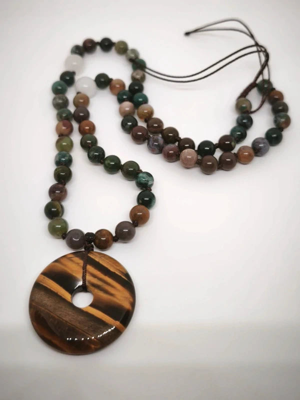 Collier agate indienne et pendentif œil de tigre